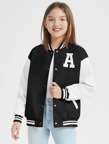 Mebius Girls Varsity Jacket Kids Leather Letterman Baseball Outerwear Stripe Trim Contrast Sleeve School Coats3