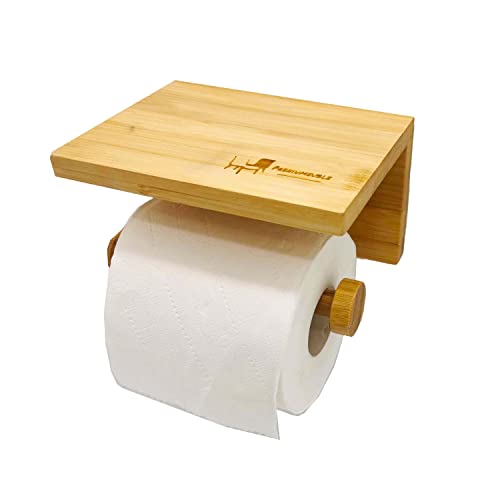 PRENIUMEUBLE - Support Papier Toilette Mural Avec Tablette Pour Salle De Bain, Porte Rouleau Papier Hygiénique, Porte Papier Toilette En Bambou Fixation Avec Vis, Dérouleur Papier Toilette Écologique