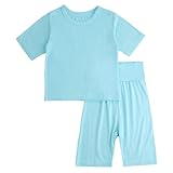 [Enfants Chéris] 子供服 パジャマ キッズ 女の子 男の子 ルームウェア 部屋着 ひんやり クール 接触冷感 寝間着 夏服 上下セットアップ 冷房対策 涼しい 七分袖 腹巻付 ベビー服 柔らかい 通気 ストレッチ性 水色 130