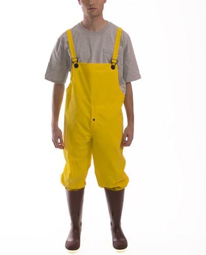 Image of Tingley O53107 Industrial Work Overalls, MD, Yellow | 35 mm PVC on Polyester, Waterproof Weather Resistant Workwear, Adjustable Elastic Suspenders, Snap fly front overalls