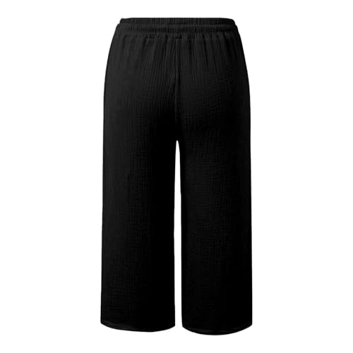 Plus Size Pedal Pushers for Women Baggy Cotton Linen Pants Solid Color Wide Leg Trousers High Waisted Shorts4