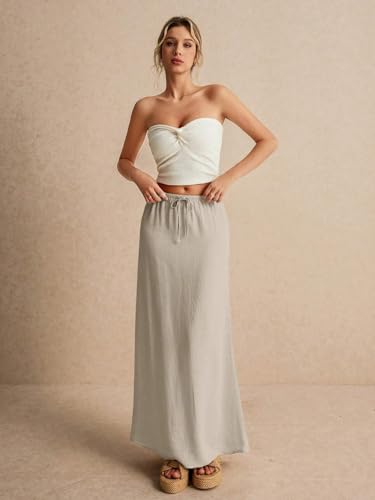 EARKOHA 2025 Women's Summer Maxi Skirt Drawstring Low Waist A Line Linen Long Flowy Skirts Khaki1 L3