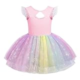 Toddler Kid Girls Glitter Butterfly Ballet Dance Dress Ruffle Sleeve Backless Leotard with Tutu Skirted Sequins Colorful Tulle Princess Ballerina Dress Gymnastics Dancewear Costume Pink 9-10 Years