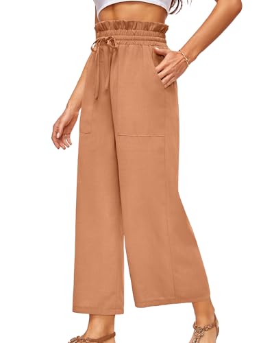Women's Wide Leg Linen Pants Casual Loose High Elastic Waist Adjustable Knot Palazzo Trousers with Pockets2