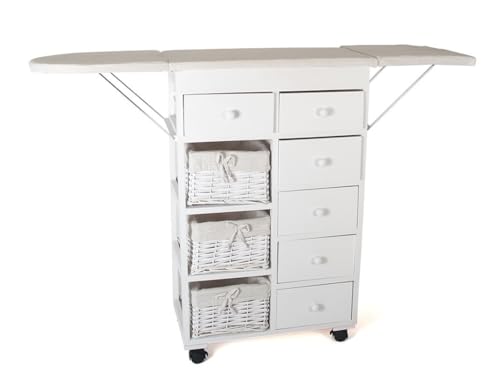 Mueble planchador Blanco con cestos y Ruedas 64x36x89 cm Cerrado; 121cm x 32cm x 89cm