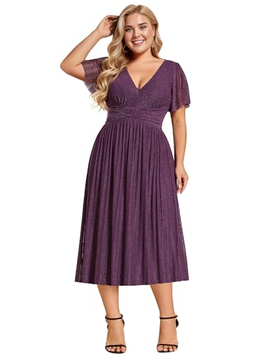 Image of Ever-Pretty Plus Women's V Neck Short Sleeves A Line Glitter Midi Plus Size Formal Wedding Guest Dresses