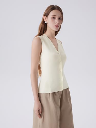 Image of SUUKSESS Women Sleeveless Sweater Tops Summer V Neck Button Down Vest Tops Business Casual Work Shirts