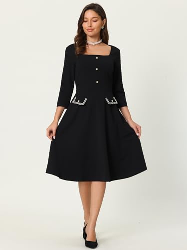 Women's 2024 A-Line Dress Work Square Neck Tweed 3/4 Sleeve Dresses3