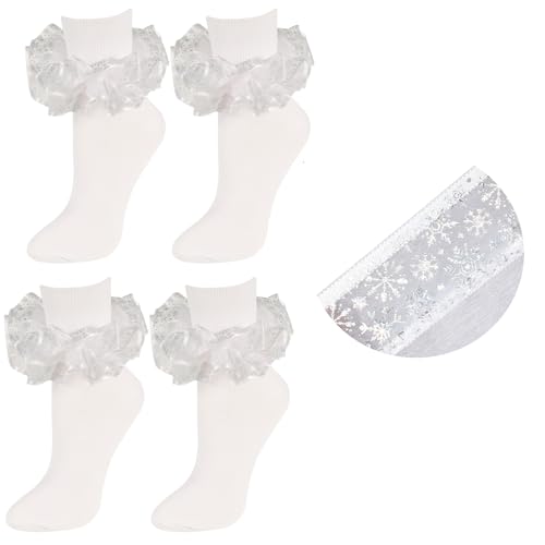 LSULIBYB Women Christmas Ruffle Ankle Socks, Snowflake Pattern, Adult Foldover Cuff Double Lace Frilly Socks 6-11, White Red Green (US, Numeric, 6, 11, Regular, Regular, 2 Pairs White)