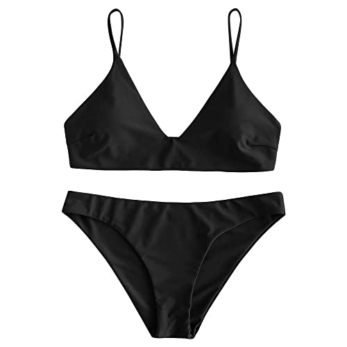 ZAFUL Women's Solid Spaghetti Strap Bralette Bikini Set Two Piece Swimsuit