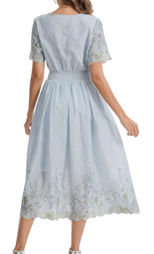 Image of Kormei Women Casual Boho V Neck 3 /4 Sleeve Smocked Waist A Line Flowy Swing Midi Dress Smocked Long Dress