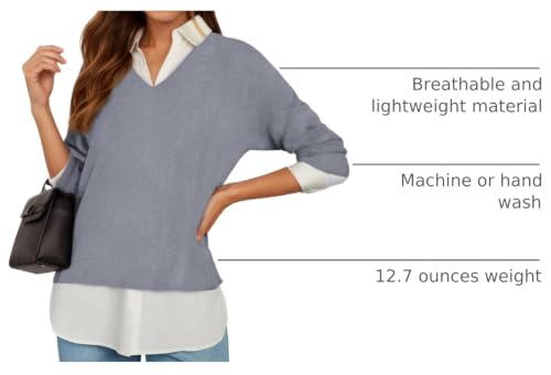 Image of Oyamiki Women's Casual Collared Curved Hem 2 in 1 Pullover Tops Plaid Contrast Shirt Blouse