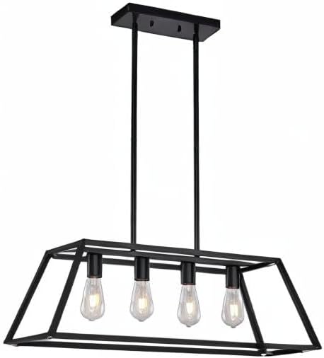 Miniatura 9 de XILICON Mesa de isla para cocina, candelabros negros, 4 luces modernas para comedor, accesorios de iluminación colgantes, jaula de isla de cocina,