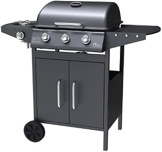 BillyOh Gas BBQ Grill 3+1 Burner Gas Barbecue Stainless Steel with BBQ Cover, Warming Rack, Thermometer, Storage, Side Burner, Side Table Shelf, Hose & Regulator for Outdoor Portable Matrix, Black