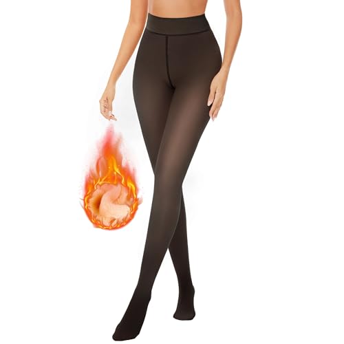 TNNZEET Womens Fleece Lined Tights Warm Winter - Sheer Black Leggings Fake Translucent Pantyhose