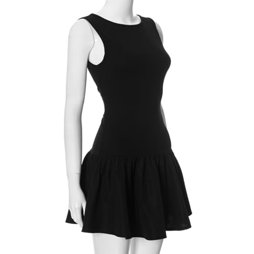 Image of Women Sexy Crew Neck Flared Ruffle Hem Mini Dress Summer Sleeveless Slim Fit Solid Flowy A-Line Short Dresses