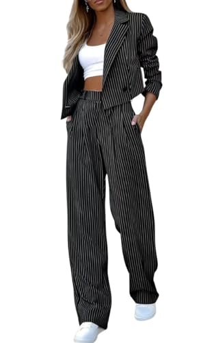 Women's 2 Piece Blazer Set Striped Cropped Blazers Jacket High Waist Wide Leg Work Pants Business Suit Outfits