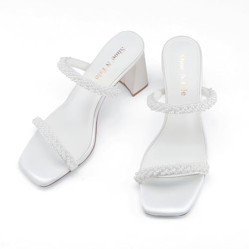 Image of Shoe'N Tale Pearl Strappy Heels for Women Two Band Chunky Block Heeled Sandals Square Open Toe Backless Mules Slip On Pumps Dressy Shoes