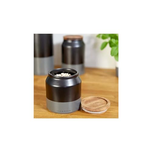 Cole & Mason Hinxton Zwart/Grijs Kleine Voedsel Opbergpot met Deksel, Counter Top Keuken Organisatie, Kast Opbergcontainer, Ruimtebesparende Voedselcontainer Keramisch/Acacia/Siliconen, (H) 125 mmx(D)