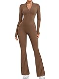 YEOREO Women Long Sleeve Flare Workout Jumpsuit Zip Up Romper Bottom Pants Wide Leg Bodysuit Bodycon Sexy One Piece