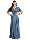 Ever-Pretty Women's Short Sleeves Ruched Empire Waist Open Back Maxi A-Line Bridesmaid Dress Dusty Navy US10