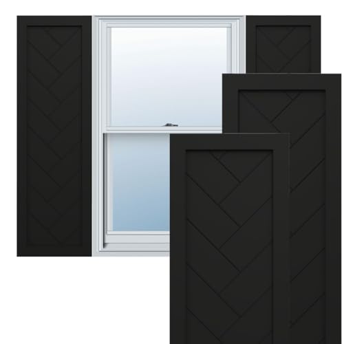 18"W x 48"H True Fit PVC Single Panel Herringbone Modern Style Fixed Mount Shutters, Black (Per Pair - Hardware Not Included)