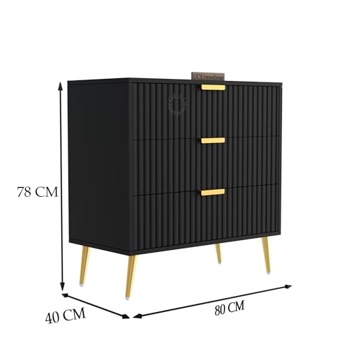 Image of Wooden Chest of Drawers with 3 Drawers | Dresser Console Storage Cabinet for Bedroom, Living Room, Office | Multipurpose Sideboard Organiser|HDMR Wood & Iron(Black & Gold)