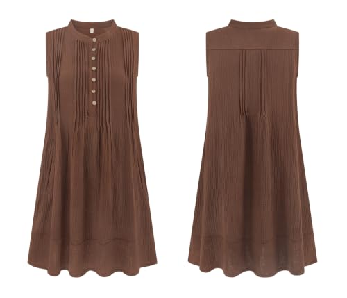 Image of R.Vivimos Sleeveless Cotton Casual Dresses for Women Summer 2026 Button Up Ruched Loose Tunic Mini Dress with Pockets