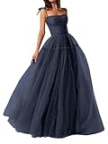 MAHL011 - Vestido de fiesta con tirantes delgados para mujer, elegante, de tul, para dama de honor, vestido de noche formal acampanado, azul marino, 54 Grande