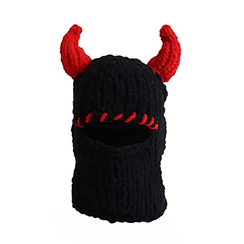 1-Hole Knitted 3D Animal Ears Balaclava Face Mask For Music Festivals, Raves, Ski, Halloween, Party Outdoor Activities (Black Devil Red, One Size) #TOP21