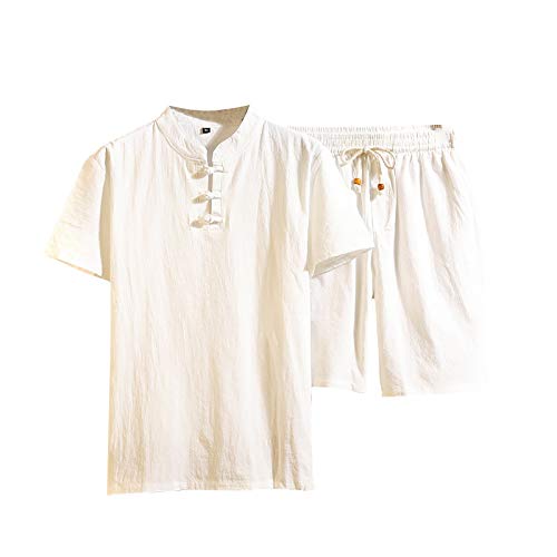 Conjunto de lino de verano para hombre, talla grande, informal, camisa y pantalones cortos, transpirables, cómodos, conjuntos deportivos y de playa con cordón, juego de gimnasia, gimnasio, correr, de