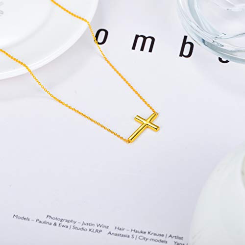 Fencci Solid 14K Yellow Gold Sideways Cross Necklace For Women, Dainty Gold Sideways Cross Choker Pendant Adjustable Necklace Jewelry For Her, 14+2 Inch (Yellow Gold) #TOP1