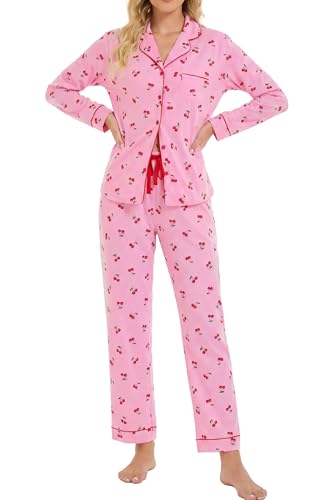 Image of LUBOT 100% Cotton Pajamas for Women Pajama Set 2 Piece PJ Sleepwear Set Soft Ladies Button Knit Long Sleeve Loungewear XS-XXL