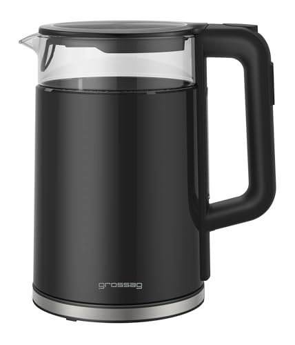grossag WK 24.07 Glas Wasserkocher 1,7 l mit wählbaren 5 Temperaturstufen, modernes Design in schwarz, abnehmbarer Glastopf mit 360 Grad drehbarer Steckverbindung, Kalkfilter und Edelstahl-Basis