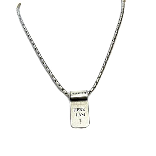 Spiritual Necklace, Religious Christian Silver Rectangle Hebrew Necklace Engraved With The Word Hineni, Here I Am, And The Messianic Seal, Faith Jewelry, Handmade In Israel By Halleljewlery. #TOP3