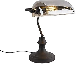 Qazqa - Classic Notary lamp Black with Smoked Mirror Glass - Banker- - Classic I Antique - Suitable for LED E27 | 1 Light - Glass Table lamp - Suitable for Living Room I Bedroom I
