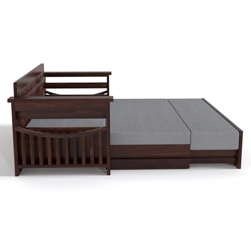 Image of Mamta Furniture Solid Sheesham Wood Sofa Set 3 Seater Furniture Wooden 3 Seater Sofa Cums Bed for Home Living Room with Cushions (Walnut with Grey, 3 Seater Design 1)
