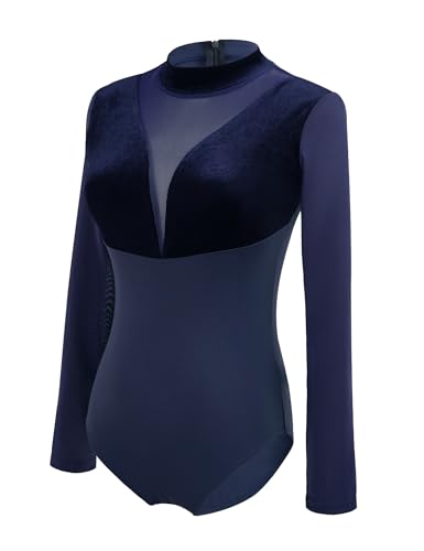 RuiBalletto Women's Turtleneck Ballet Leotard With Mesh Long Sleeve, Velvet Dance & Gymnastics Bodysuits