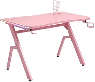 HOMCOM Gaming Desk Racing Style Home Office Ergonomic Computer Table Workstation with RGB LED Lights, Hook, Cup Holder, Controller Rack & Cable Management, Pink