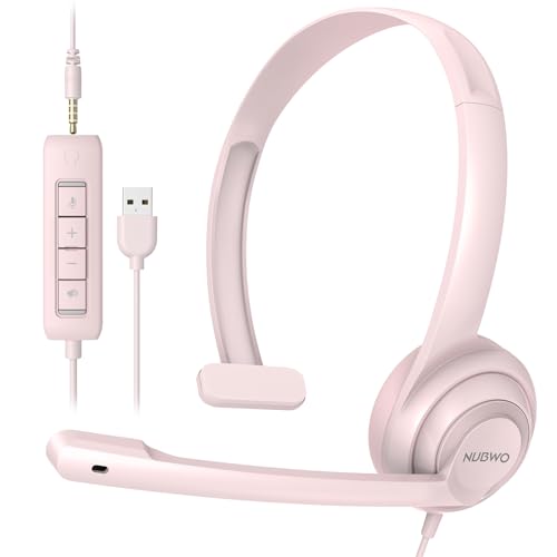 NUBWO HW02 USB Headset with Microphone Noise Cancelling &in-line Control Ultra Comfort Computer Headphones for Laptop pc On-Ear Wired Office Call Center Headset for Boom Skype Webinars (Pink)