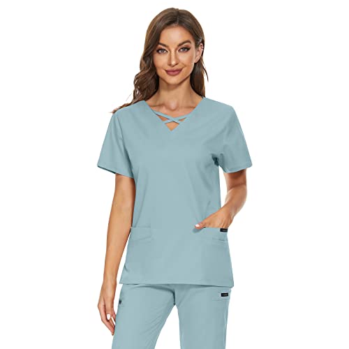 VIAOLI Nurse Uniform Scrub Tops Soild V-Neck Medical Women Two Pocket Lab Spa Beauty Short Sleeve Shirt Workwear (Blue,M,Medium)