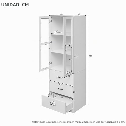 Miniatura 2 de Sogesfurniture Vitrina De Cristal, Color Blanco, Con 2 Puertas De Cristal, 3 Cajones, Moderno, Para Salón, Oficina, 60 X 40 X 200 Cm