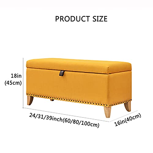 Banc de rangement moderne bleu en lin et bois massif 60cm