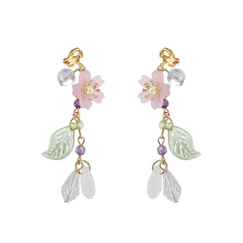 Clip on Pink Flower Pearl Leaf Long Fake Dangle Drop Earrings for Women Non Pierced Ear Dainty Cute Gold Plated Sakura Flower Statement Tassel Dangling Earrings Hypoallergenic Lightweight Fashion Trendy Jewelry