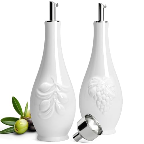 HOMBENE Porcelain Oil and Vinegar Dispenser Set, 11 oz Olive Oil Dispenser Bottle for Kitchen, Ceramic Cooking Oil Container, Oil Cruet w/Funnel, Dripless Spout, 300ml, 2 Pack