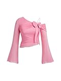 SHENHE Women's Plus Size Asymmetric Ruched Tee Top Bow Long Bell Sleeve Lettuce Trim Y2k Crop Top Pink 1XL