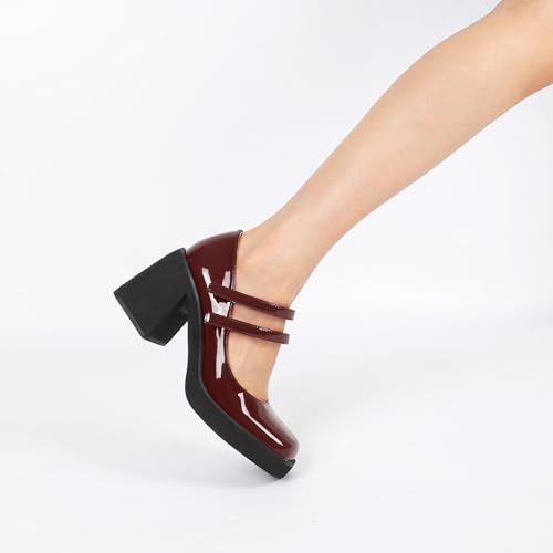 SAMMITOP Women's Platform Mary Jane Pumps Strap Square Toe Chunky Block High Heels Fashion Wedding Party Shoes 3.5 Inch4
