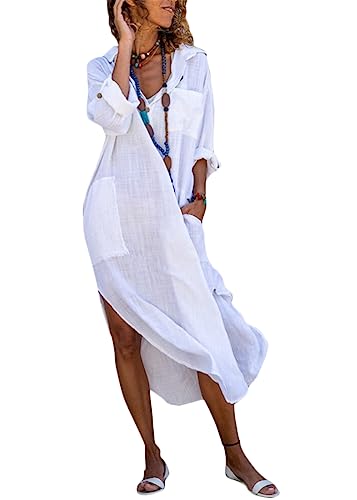 shownicer Sommerkleid Damen Leinenkleid V-Ausschnitt Langarm Midikleid Boho Langes Kleid Strandkleid Einfarbig Freizeitkleid mit Taschen Blusekleid A...