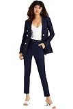 Women Women’s Formal Two Pieces Stretch Suit Set (L, Navy Blue)