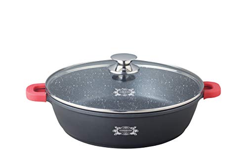 Haussmann Héritage Sauteuse Façon Pierre avec Couvercle Verre – Fonte d'Aluminium Induction & Four (260°C) – Poignées Silicone Isolantes – Grande...